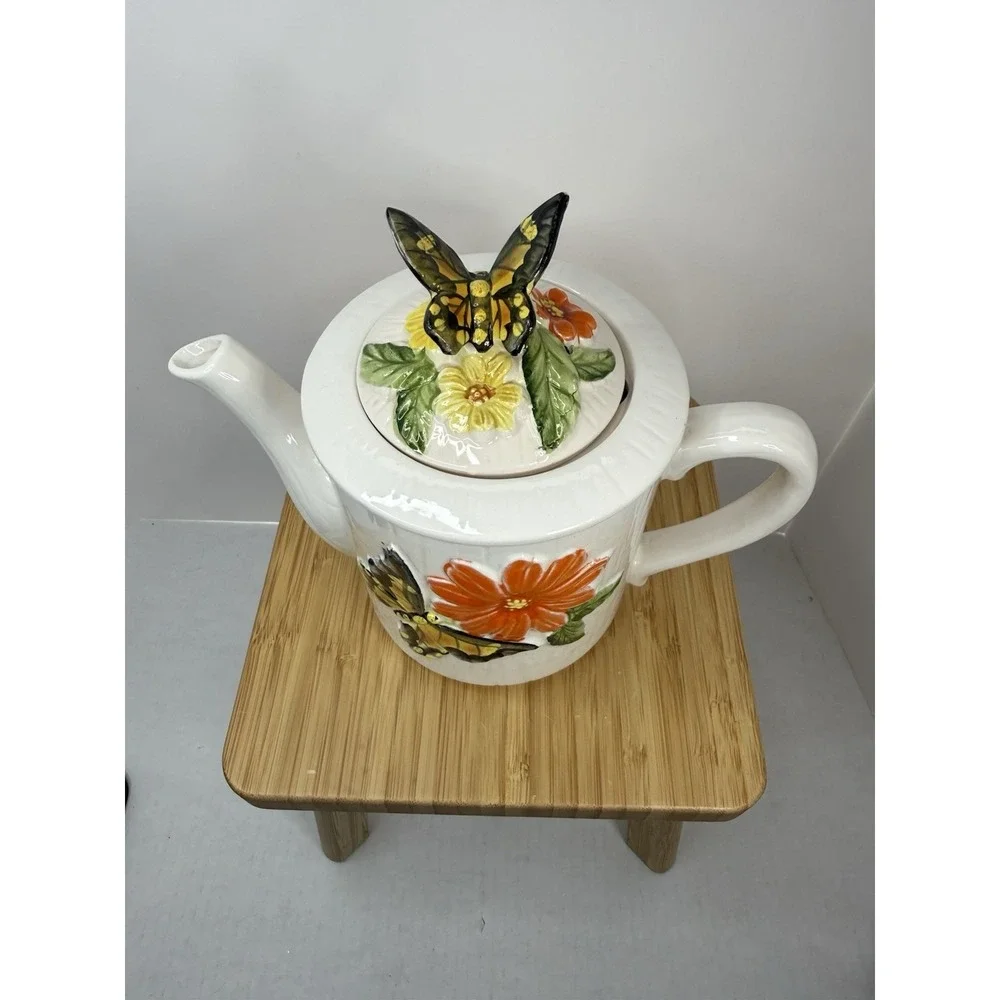 Vintage 70s Ceramic Butterfly Teapot Made‎ In Japan Flowers MCM